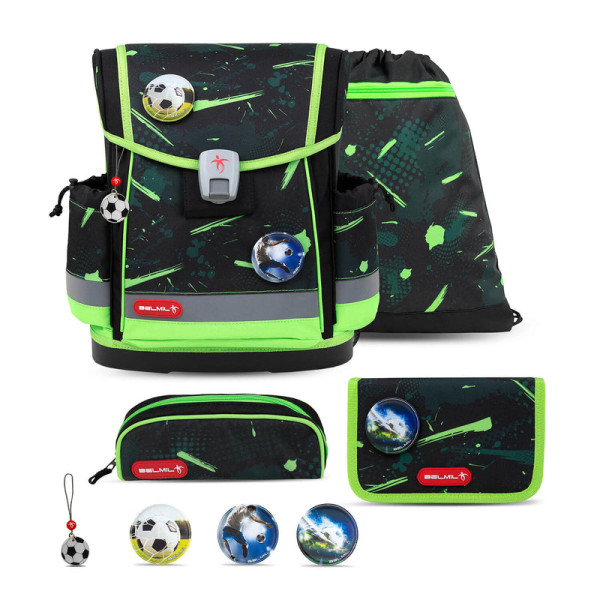 Belmil | Classy Plus ergonomisches Schulranzen-Set 5-teilig "Neon Sport" mit Brustgurt, Magnetverschluss, Patch Set 3 Stück | 405-78/AG/S-15